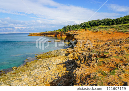 Crvenka beach, Vir, Croatia, the sand of the beach is painted with the intense red color Crvenka beach, Vir, Croatia, the sand of the beach is painted with the intense red color 121607159