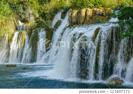 Beautiful scenic Krka river waterfall landscape, Krka National Park in Dalmatia region, Croatia 121607172