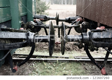 Close-up view of vintage metal train buffers. Close-up view of vintage metal train buffers. 121607260