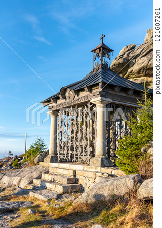 Small chapel of Johann Nepomuk Neumann at Hochstein Summit, Bavarian Forest, Germany. 121607261