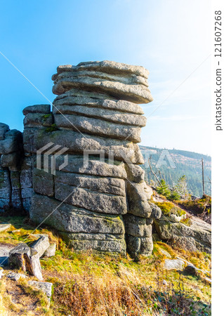 Eroded granite rock formation on the top of Tristolicnik, Dreisesselberg. Sumava National Park and Bavarian Forest, Czech republic and Germany. 121607268