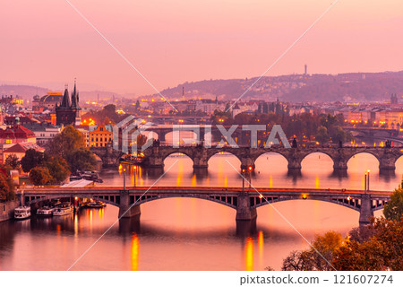 Prague bridges over Vltava River in the evening, Praha, Czech Republic. Prague bridges over Vltava River in the evening, Praha, Czech Republic. 121607274
