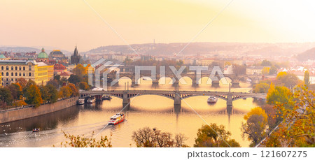 Prague bridges over Vltava River in the evening, Praha, Czech Republic. 121607275