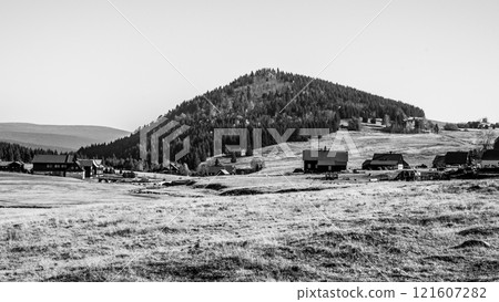 Bukovec Mountain above Jizerka Village in Jizera Mountains, Czech Republic. Clear sunny day. Black and white image. 121607282