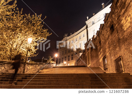 New Castle Stairs at Prague Castle by night, Lesser Town Quarter, Prague, Czech Republic. 121607286