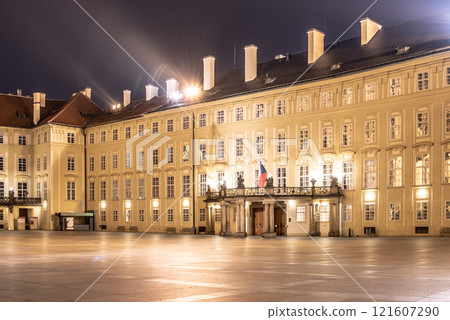 Entrance door with balcony to the Archives of Prague Castle on Third Courtyard by night, Prague, Czech Republic. Entrance door with balcony to the Archives of Prague Castle on Third Courtyard by night, Prague, Czech Republic. 121607290