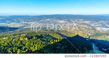 Aerial view of Liberec city and Jizera Mountains from Jested Mountain on sunny summer evening. Czech Republic. 121607293