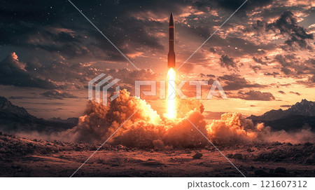 Rocket launch at sunset with dramatic sky and smoke clouds in a desert landscape 121607312