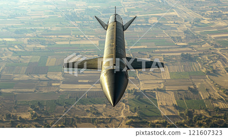 High-altitude aerial view of a rocket with agricultural landscape below 121607323