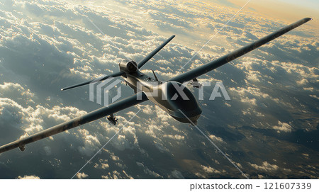 Aerial view of military drone in flight among clouds with sunset sky in background 121607339
