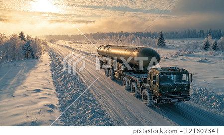 Military transport vehicle carrying missile on snowy winter road at sunrise 121607341
