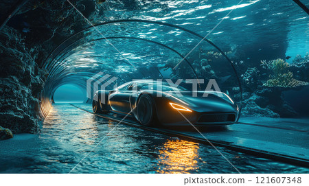 Futuristic electric sports car driving through underwater tunnel with glowing coral reefs 121607348