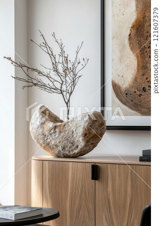 Minimalist interior design featuring natural stone sculpture on wooden cabinet with artistic wall decor and branch accent Minimalist interior design featuring natural stone sculpture on wooden cabinet with artistic wall decor and branch accent 121607379