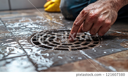 Close-up view of a hand touching a wet bathroom drain cover surrounded by water on tiled floor, indicating clogging or maintenance 121607380