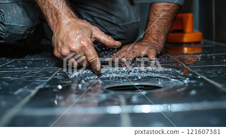 Man fixing bathroom flood with quick emergency plumbing repair, stopping water leak on tiled floor using tools for urgent maintenance Man fixing bathroom flood with quick emergency plumbing repair, stopping water leak on tiled floor using tools for urgent maintenance 121607381