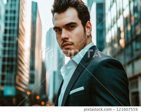 Confident young businessman in a black suit with a white shirt. Urban style Confident young businessman in a black suit with a white shirt. Urban style 121607559