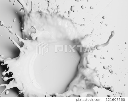Dynamic splash of white liquid captured mid-air with detailed droplets 121607560