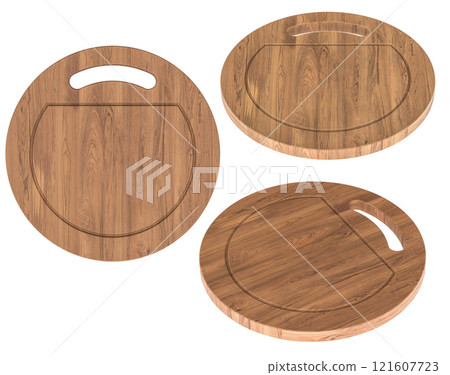 Circular Cutting Board with Handle from Wooden, different views and angles. 3D rendering Circular Cutting Board with Handle from Wooden, different views and angles. 3D rendering 121607723