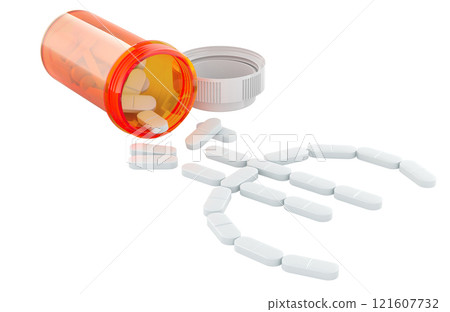 Medical Bottle with pills, spilling out in shape of euro sign. 3D rendering 121607732
