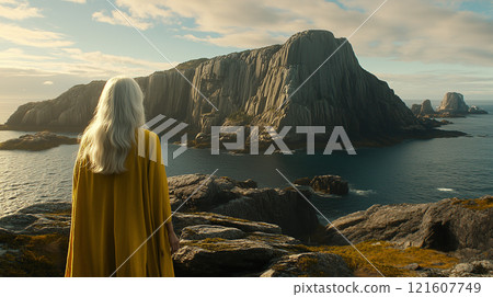 Mysterious woman with long silver hair, wearing yellow cloak, viewed from behind, gazing at the majestic ocean cliffs 121607749