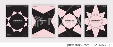 a set of geometric style business covers with various creative abstract shapes, black and pink color 121607795