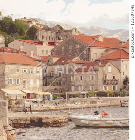 Perast landscape in Montenegro, Europe, old town of medieval stone buildings Perast landscape in Montenegro, Europe, old town of medieval stone buildings 121607848