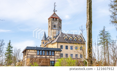 The Liberecka Vysina lookout tower and hotel stands prominently among the trees in Liberec, offering a glimpse of historical architecture against a serene backdrop. 121607912