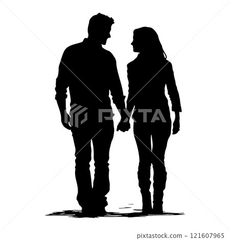 A loving couple is holding hands and walking together. Relationtips and loyality concept. Silhouette cut-out illustration A loving couple is holding hands and walking together. Relationtips and loyality concept. Silhouette cut-out illustration 121607965