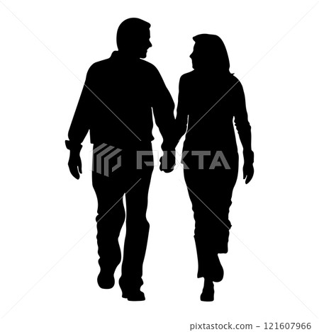 A loving couple is holding hands and walking together. Relationtips and loyality concept. Silhouette cut-out illustration 121607966