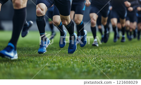 Group of Runners Sprinting on Grass in Stadium Environment Under Bright Daylight 121608029