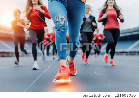 Group of Energetic Runners in Stadium During Morning Workout Session Focusing on Legs and Movement Group of Energetic Runners in Stadium During Morning Workout Session Focusing on Legs and Movement 121608030