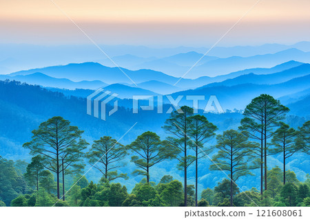 Serene Mountain Landscape at Sunset with Layers of Blue Hills and Silhouetted Trees 121608061