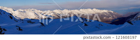 Panoramic view of mountains near Passo Tonale, Ponte di Legno, Italy. 121608197