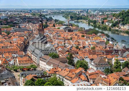 Heidelberg aerial view of old town river and bridge, Germany. Aerial View of Heidelberg, Germany Old Town. 121608213
