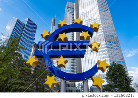 Famous euro sign in front of Eurotower, European Central Bank, Frankfurt Famous euro sign in front of Eurotower, European Central Bank, Frankfurt 121608215