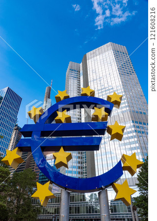Famous euro sign in front of Eurotower, European Central Bank, Frankfurt Famous euro sign in front of Eurotower, European Central Bank, Frankfurt 121608216