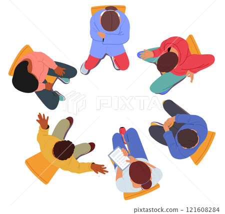 High angle view of diverse people cartoon characters having meeting sitting on chair in circle 121608284