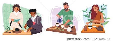 Diverse people cartoon character brewing herbal drink preparing asian tea ceremony scene set Diverse people cartoon character brewing herbal drink preparing asian tea ceremony scene set 121608285