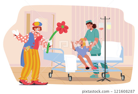 Cute funny clown congratulating supporting little girl child fighting against cancer cartoon scene 121608287