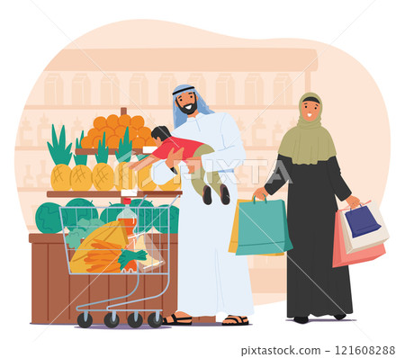 Arabic family with toddler kid cartoon character wearing traditional clothes shopping at supermarket 121608288