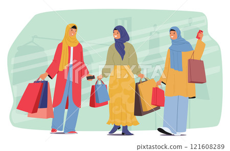 Arab woman wearing hijab headscarf walking carrying shopping bags sharing expression after purchases Arab woman wearing hijab headscarf walking carrying shopping bags sharing expression after purchases 121608289