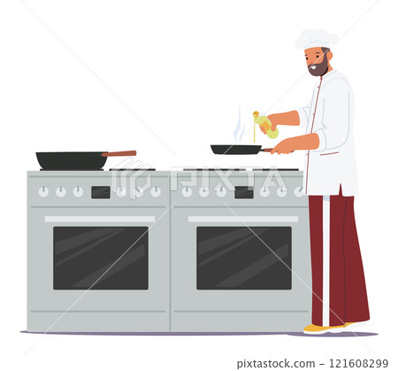 Master chef cartoon character in uniform cooking restaurant dish at professional kitchen scene 121608299