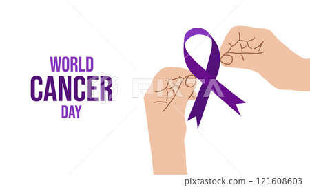 World Cancer Day. February 4th. Raising awareness. Pair hands are holding ribbon. Purple ribbon symbol fight against cancer banner. Vector illustration. World Cancer Day. February 4th. Raising awareness. Pair hands are holding ribbon. Purple ribbon symbol fight against cancer banner. Vector illustration. 121608603
