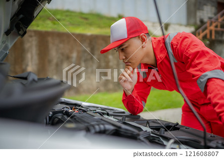 A young mechanic inspects a car engines parts, showing passion for engineering A young mechanic inspects a car engines parts, showing passion for engineering 121608807