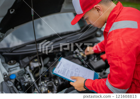 A mechanic inspects an engine while holding a clipboard in an automotive workshop A mechanic inspects an engine while holding a clipboard in an automotive workshop 121608813