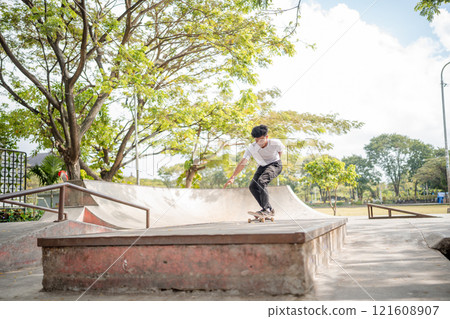 Skateboarder Performing Tricks at Outdoor Skate Park in Bright Sunlight 121608907