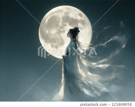 Woman looking up at the full moon Woman looking up at the full moon 121609058