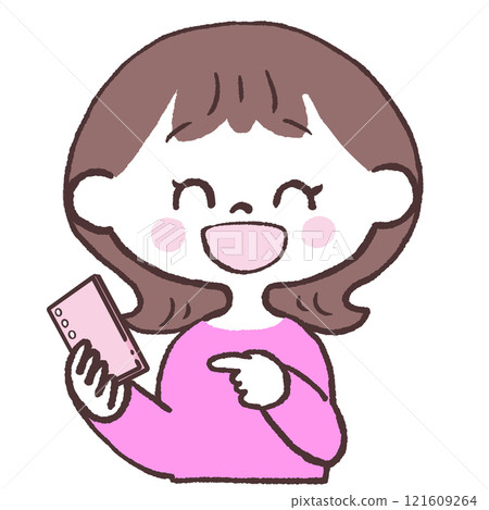 一個快樂的女人指著她的智慧型手機的前視圖插圖 121609264