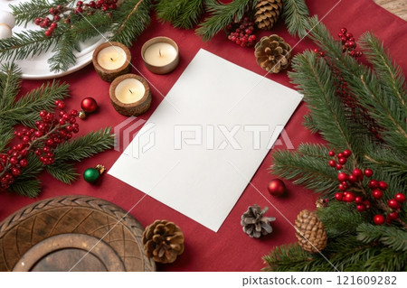 Black sheet of paper on red New Year Background. New Year goals, invitation, card mock-up template. Holiday design template 121609282