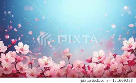 Beautiful cherry blossom frame with petals falling on a pale blue blurred background. Watercolor style illustration 121609338